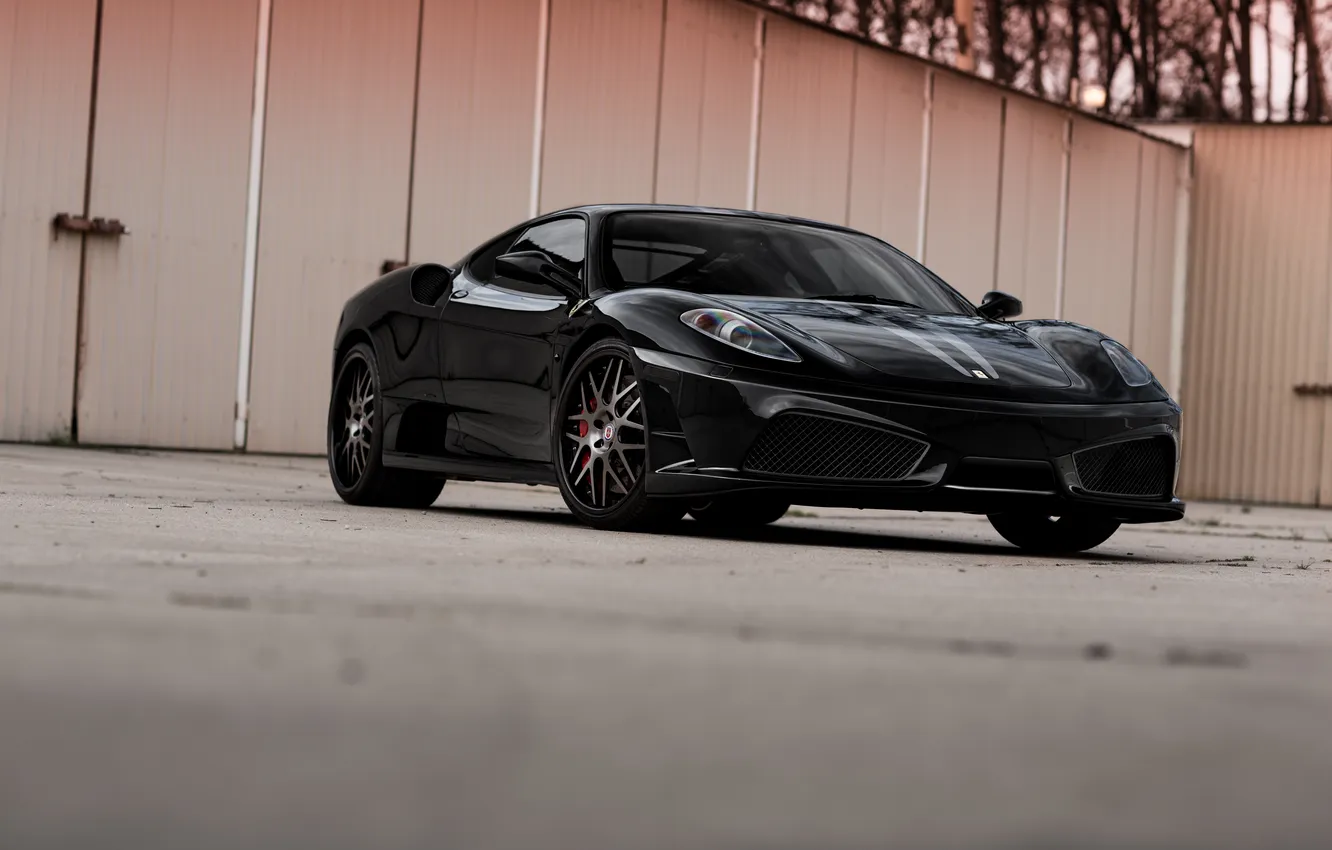 Photo wallpaper reflection, black, wheels, ferrari, Ferrari, drives, black, front view