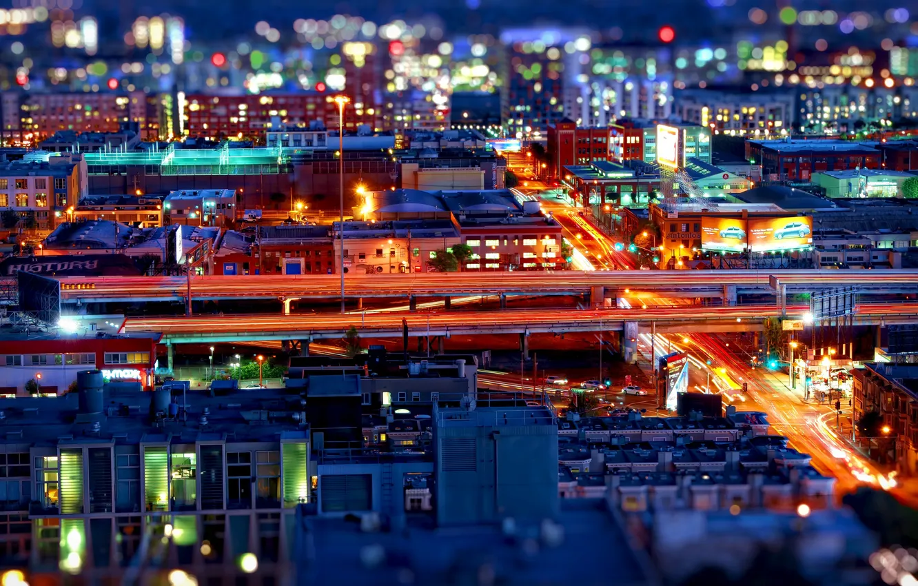 Photo wallpaper night, the city, glare, excerpt, bokeh, city nights, Teal shift