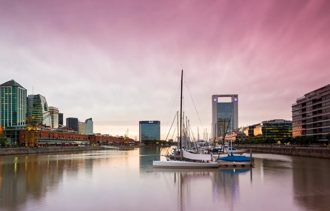 Photo wallpaper sunset, the city, river, boat