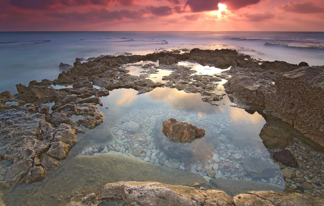 Photo wallpaper landscape, stones, the ocean, dawn, shore