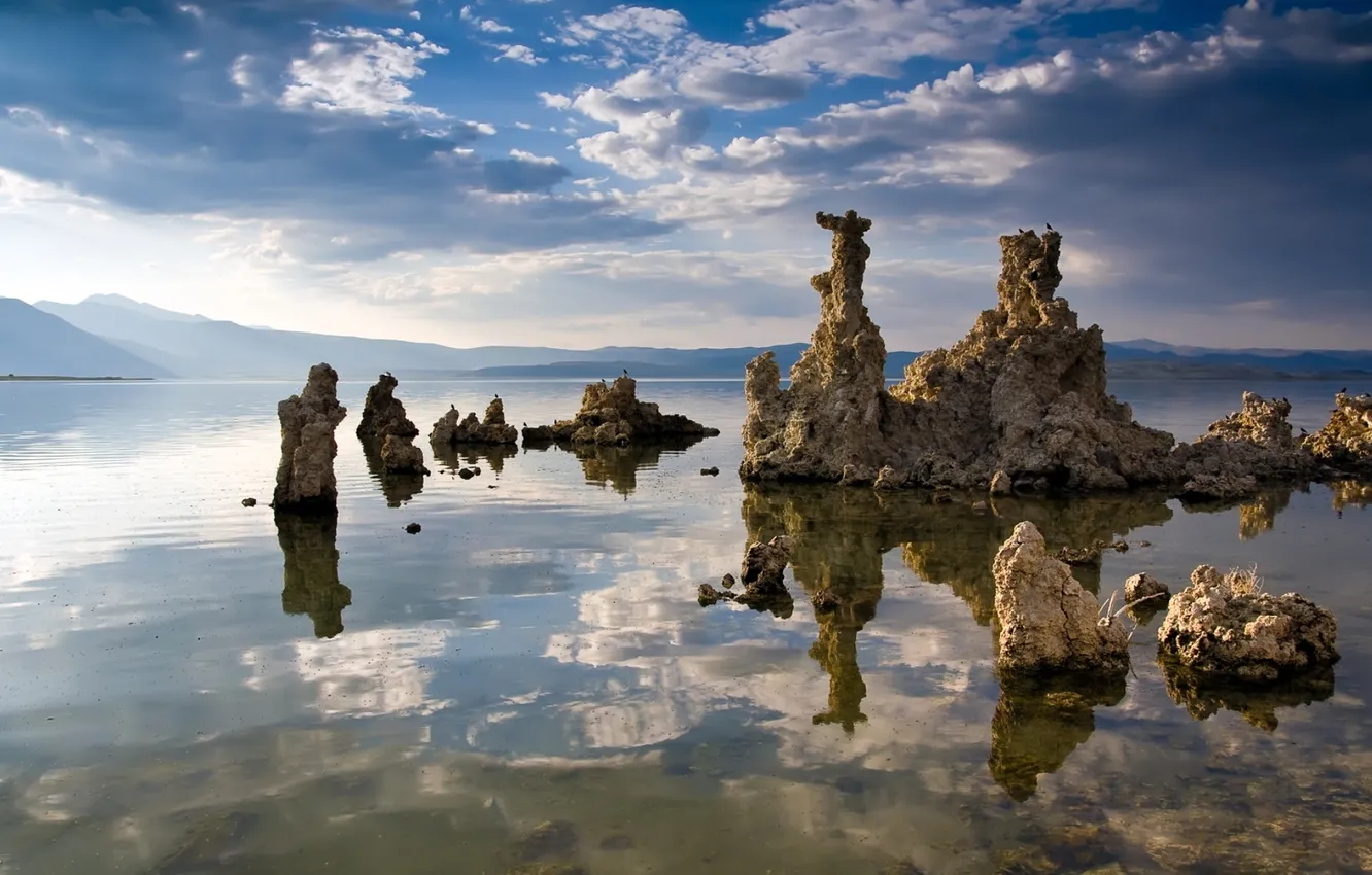 Photo wallpaper the sky, water, clouds, mountains, reflection, river, stones
