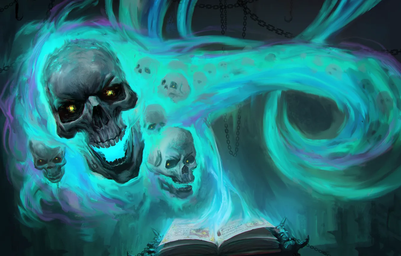 Photo wallpaper magic, skull, art, chain, book, Omuk