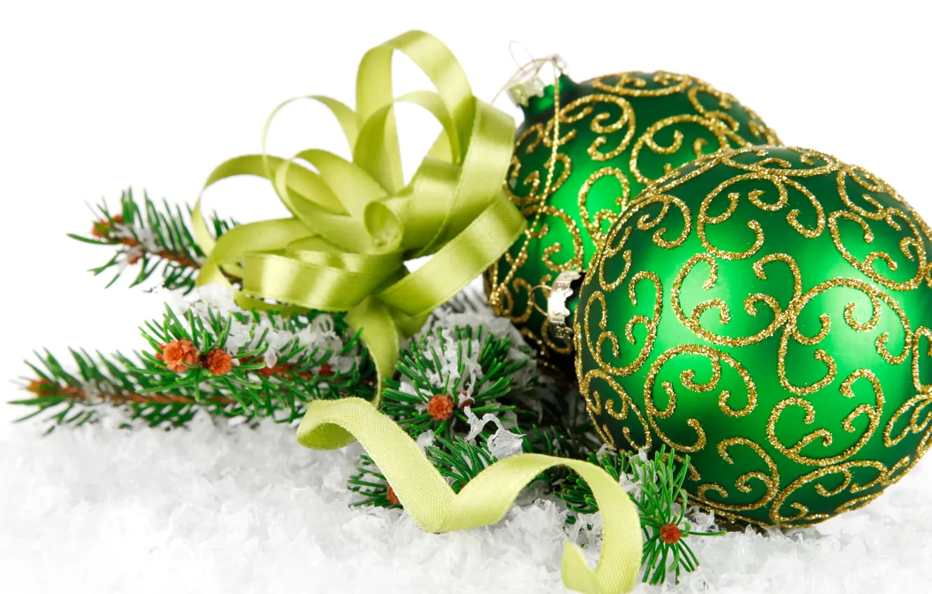 Photo wallpaper snow, green, green, tree, bow, green, Christmas, Christmas balls
