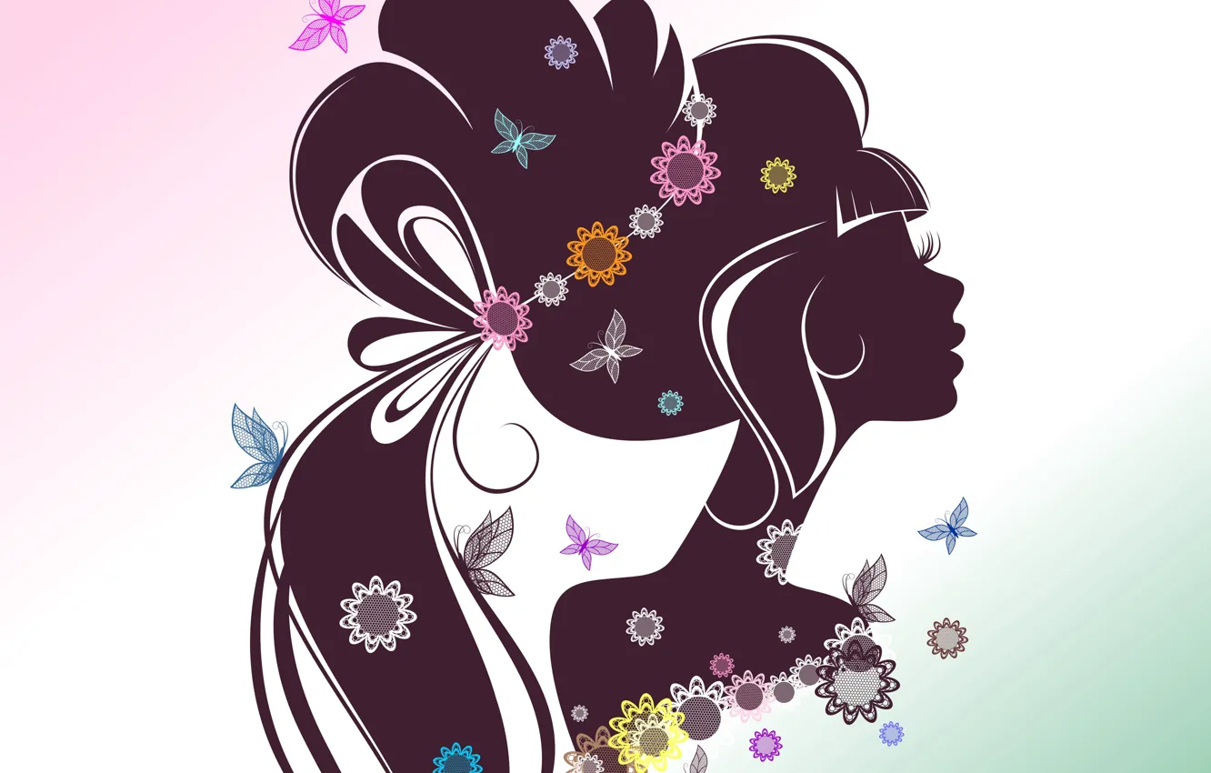Photo wallpaper girl, butterfly, flowers, face, eyelashes, background, hair, silhouette