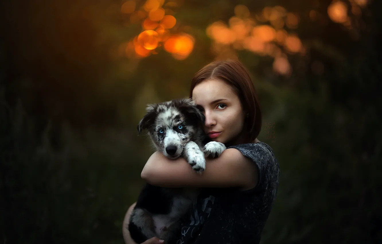 Photo wallpaper girl, dog, puppy