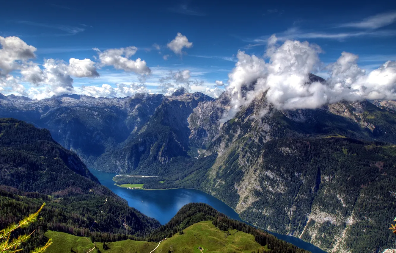 Photo wallpaper clouds, mountains, river, field, Germany, Bayern, Alps, panorama