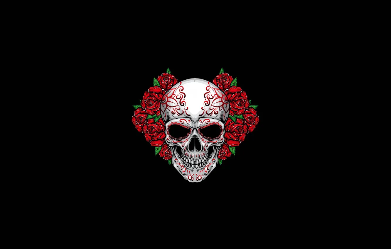 Photo wallpaper flowers, style, background, fiction, figure, skull, roses, minimalism