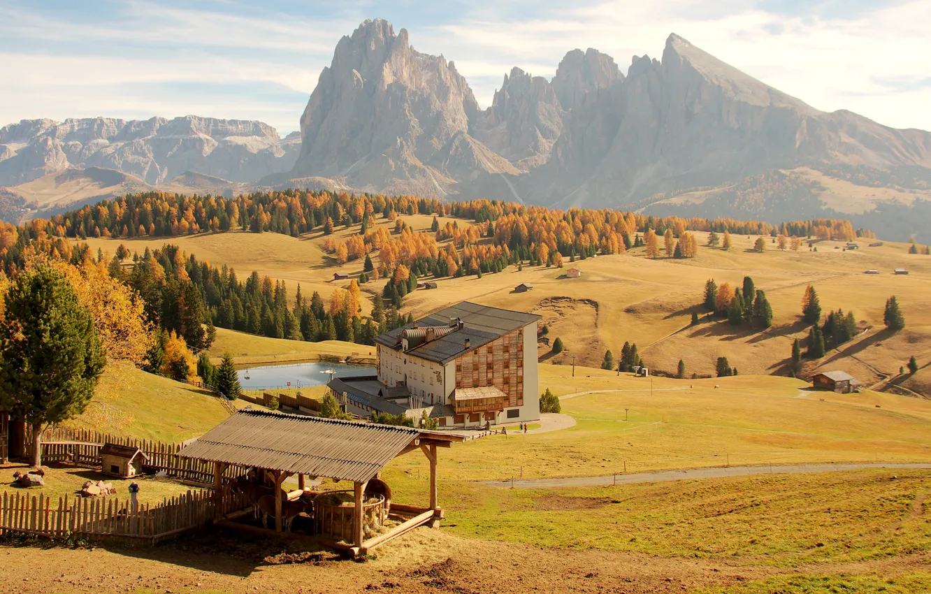 Photo wallpaper field, autumn, the sun, trees, mountains, rocks, pool, Alps