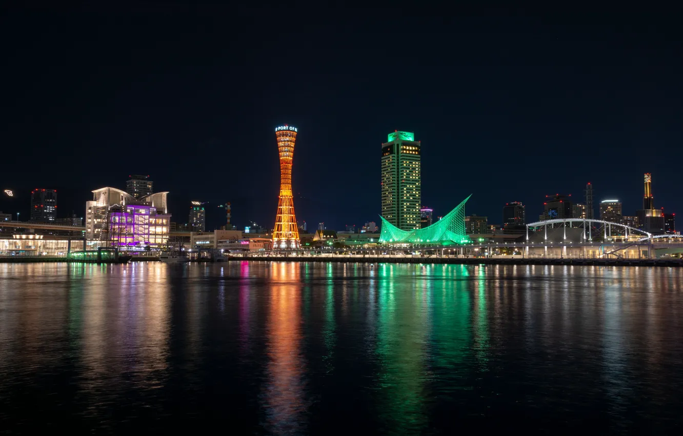 Photo wallpaper night, lights, building, home, Bay, Japan, promenade, Kobe