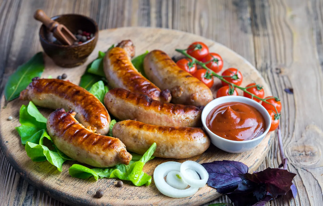 Photo wallpaper tomatoes, sauce, sausages, grill