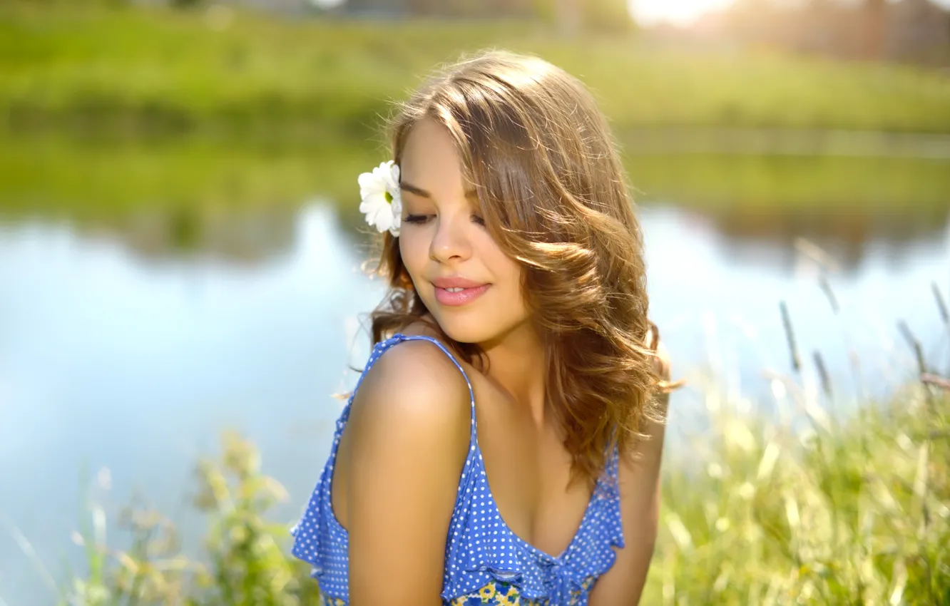 Photo wallpaper greens, summer, girl, the sun, flowers, nature, dress, hairstyle