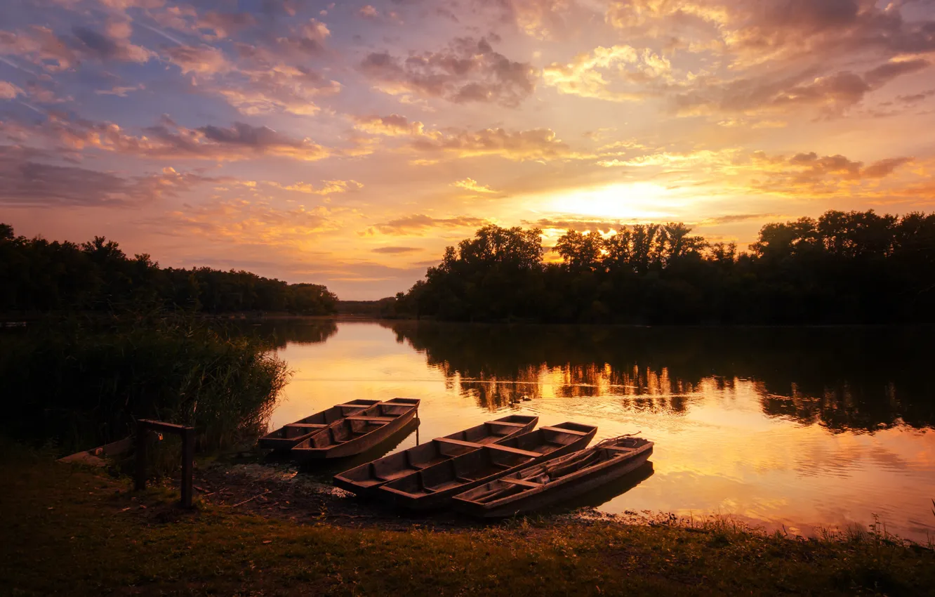 Photo wallpaper sunset, shore, boats, the evening, pond
