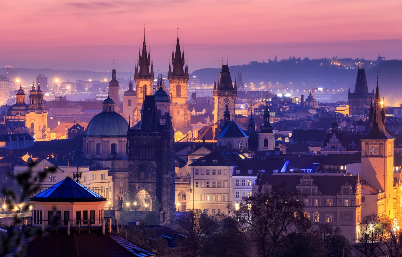 Photo wallpaper sunset, the city, lights, home, the evening, Prague, Czech Republic