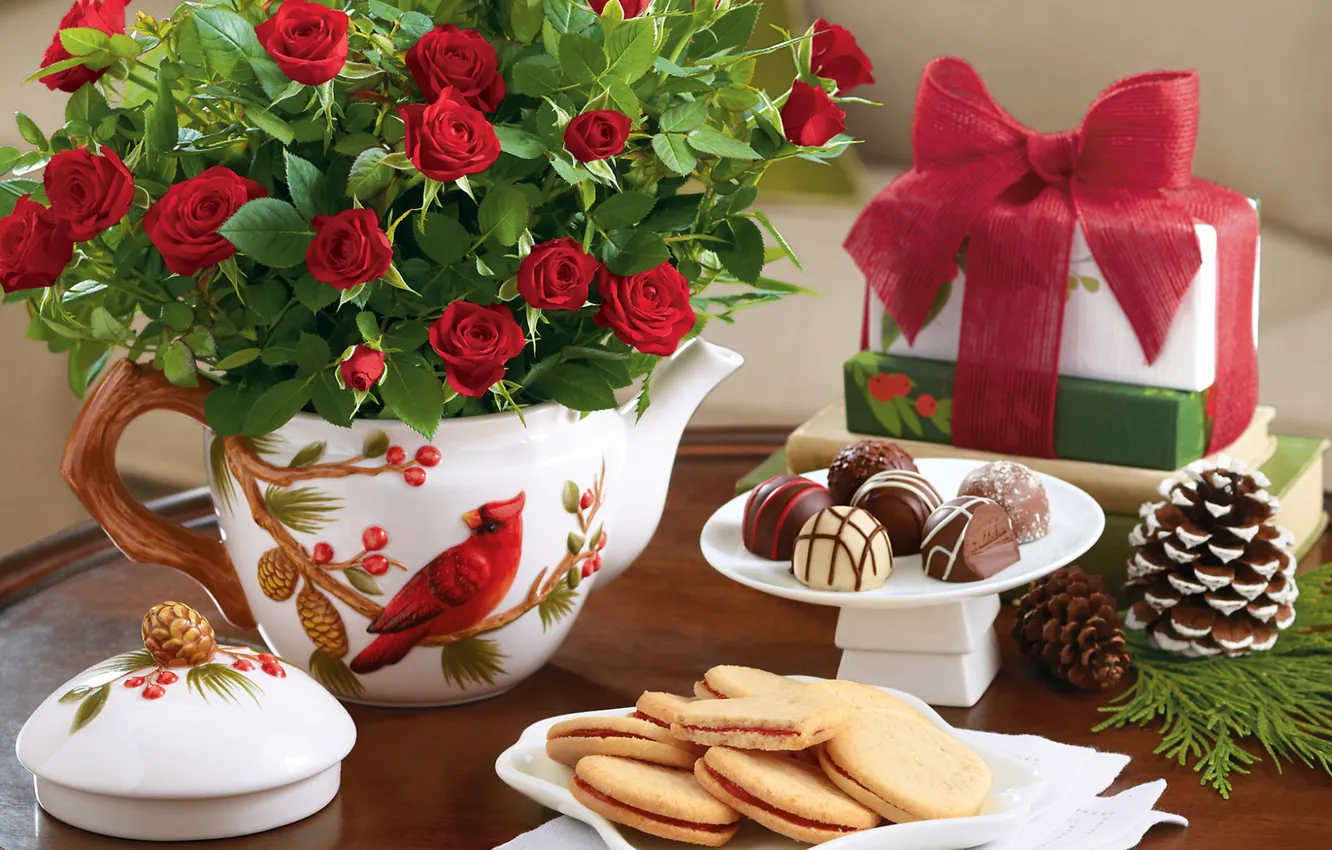 Photo wallpaper flowers, table, holiday, new year, chocolate, roses, bouquet, cookies
