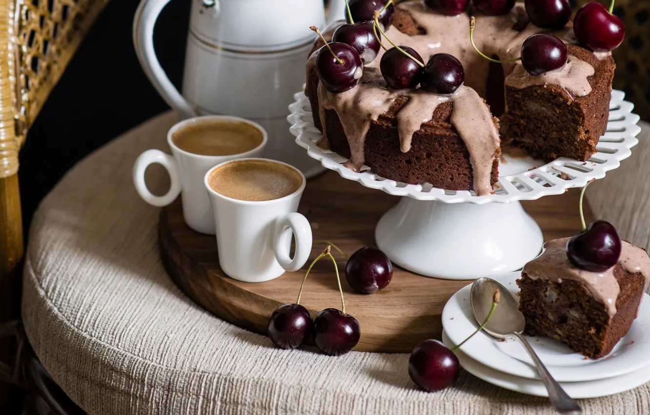 Photo wallpaper coffee, pie, nuts, cherry, cakes, glaze