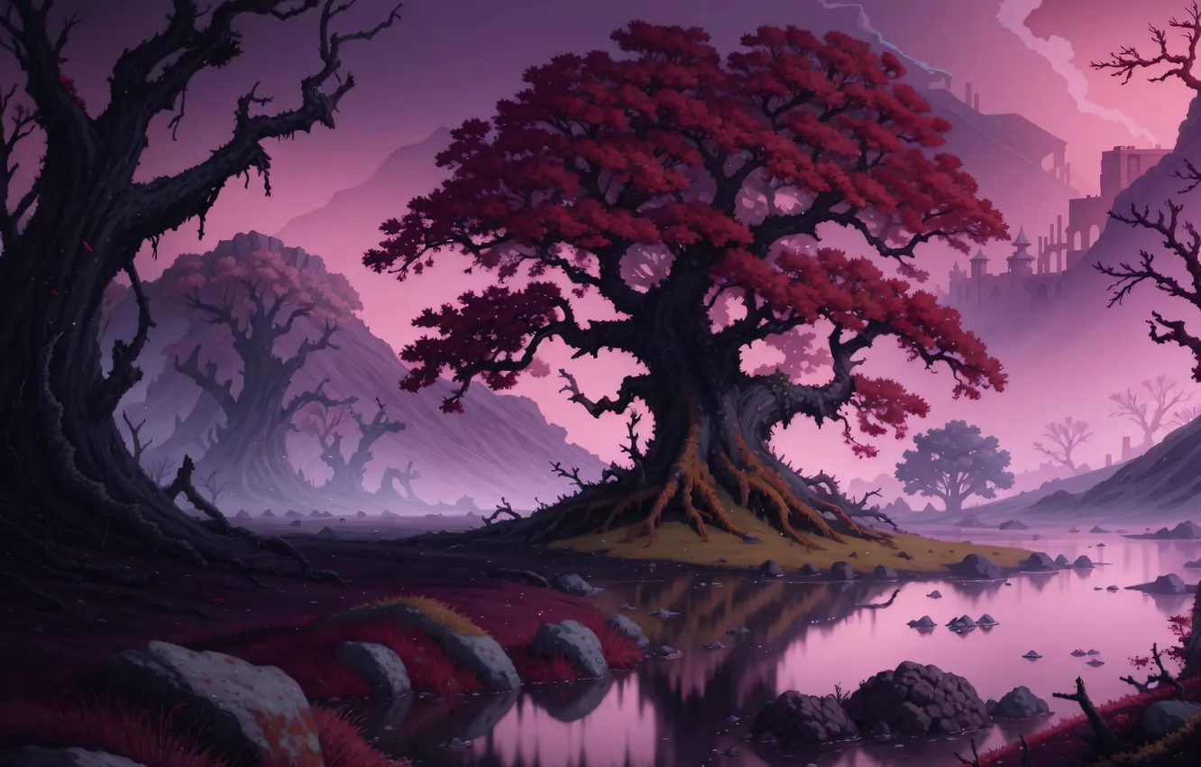 Photo wallpaper trees, nature, water, drawings, neural network