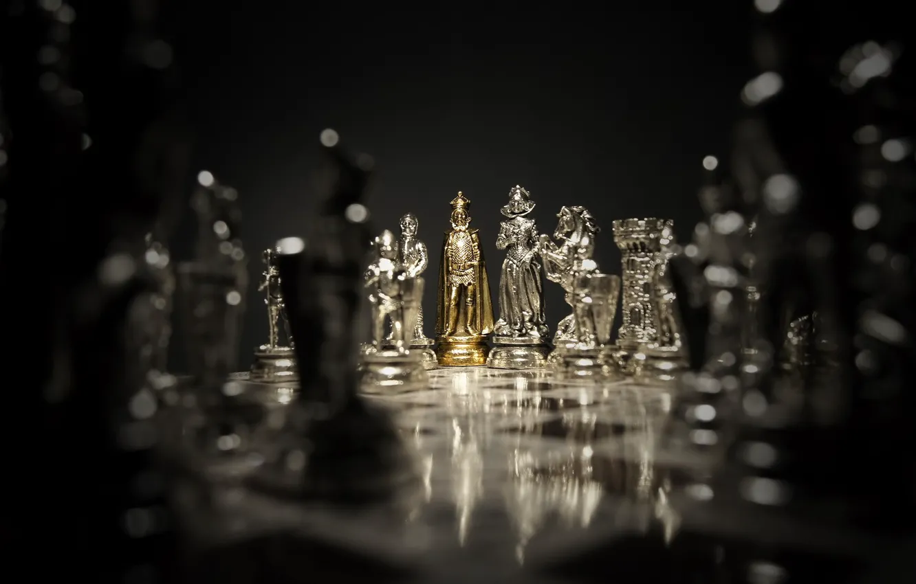Photo wallpaper style, gold, the game, Shine, focus, chess, Board, gold plated