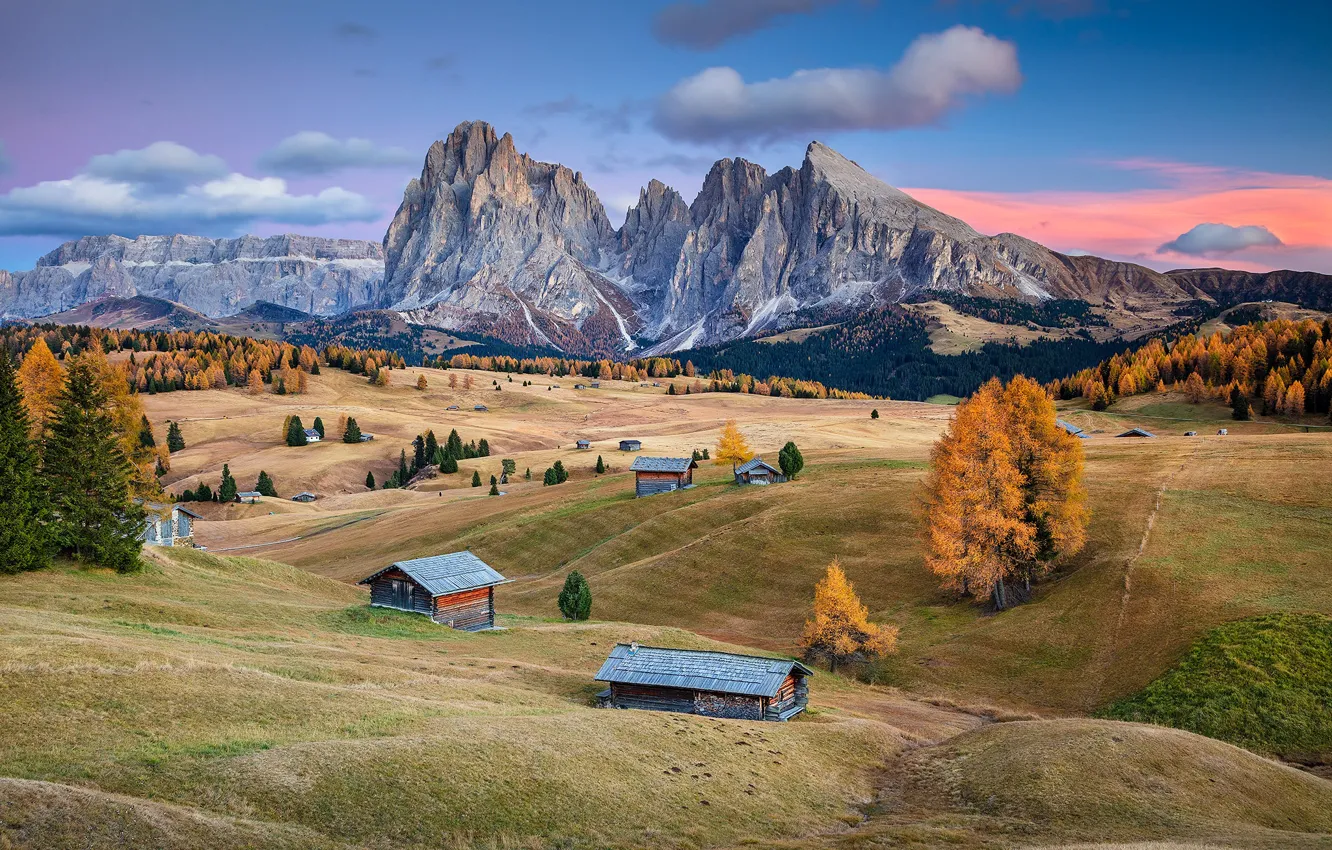 Photo wallpaper field, autumn, forest, mountains, hills, Alps, house