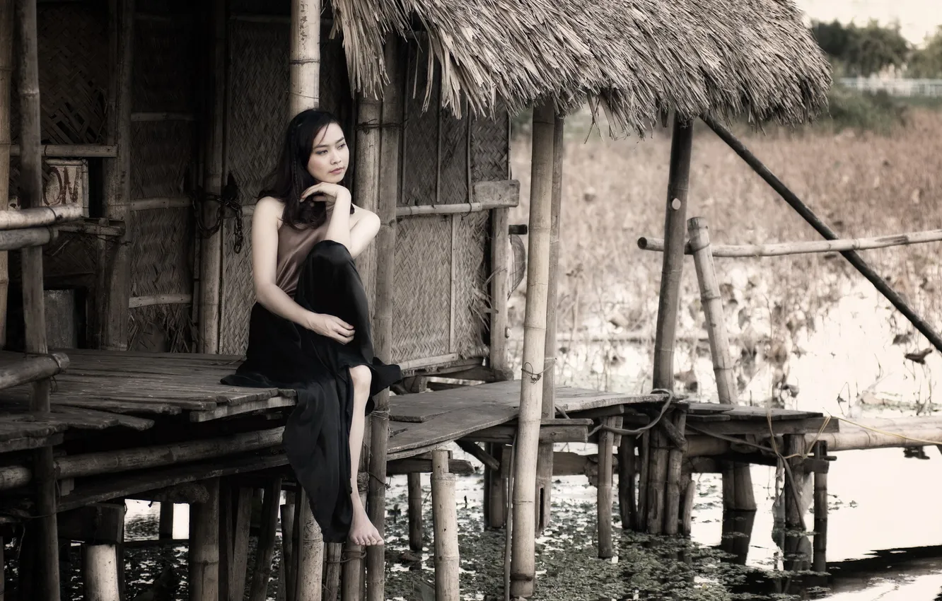Photo wallpaper girl, house, Asian