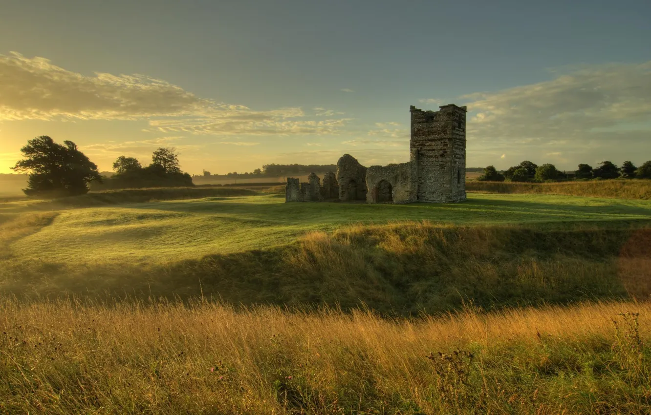 Photo wallpaper field, summer, the sky, grass, landscape, ruins, Knowlton Church