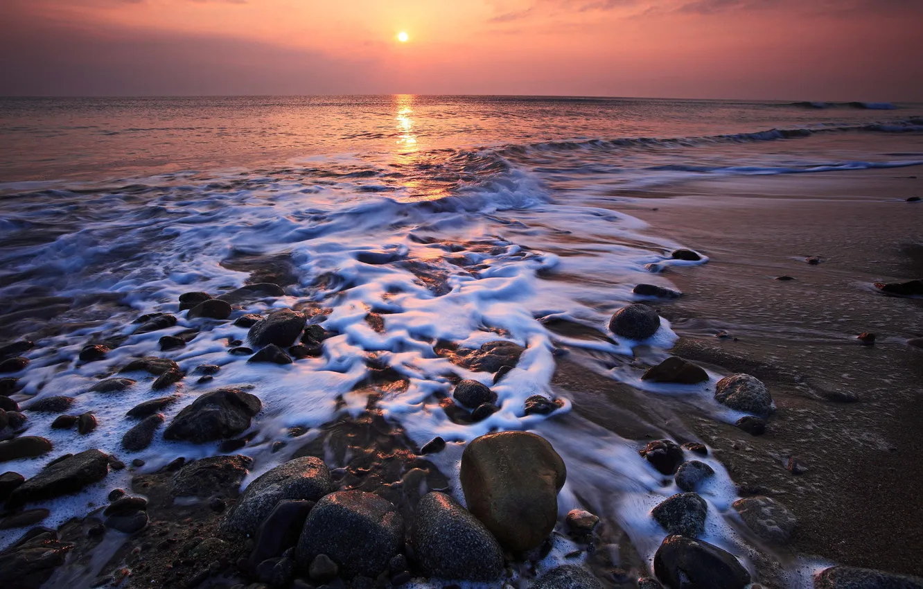 Photo wallpaper sea, foam, water, the sun, landscape, sunset, stones, the ocean