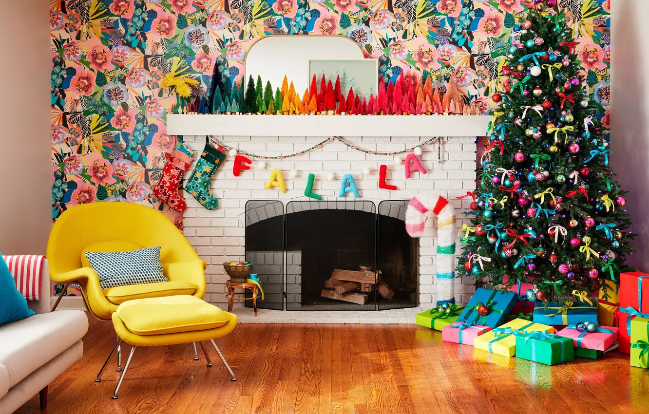 Photo wallpaper decoration, room, gift, tree, new year, chair, fireplace, The festive atmosphere