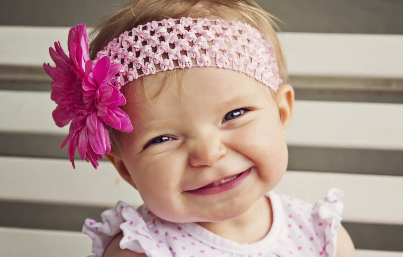 Photo wallpaper flower, smile, mood, girl, headband, baby, child