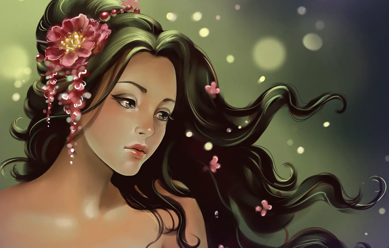 Photo wallpaper flowers, the wind, Girl