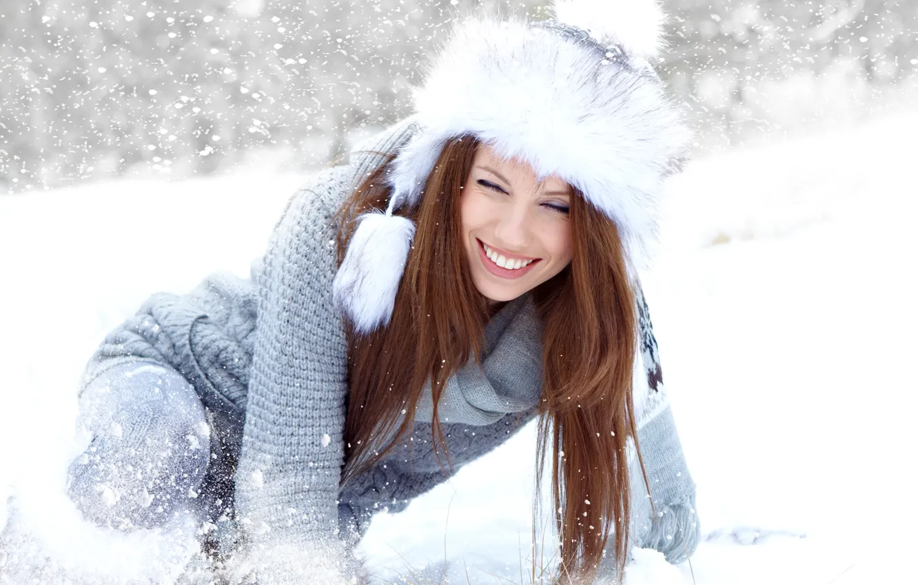 Photo wallpaper winter, girl, snow, joy, brown hair, cap, long-haired