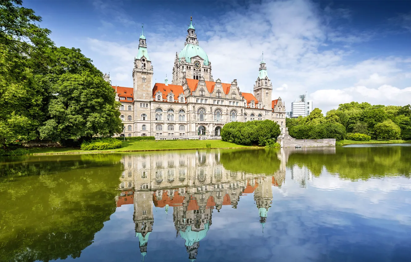 Photo wallpaper the sky, clouds, trees, lake, reflection, the building, Germany, mirror