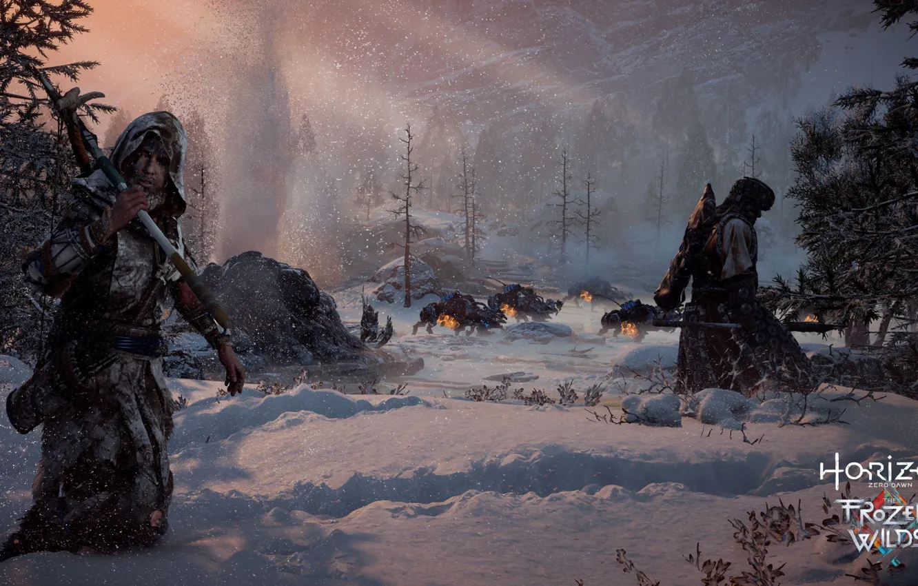 Photo wallpaper Blizzard, robot, mecha, weapon, snow, Machine, hunter, Horizon Zero Dawn