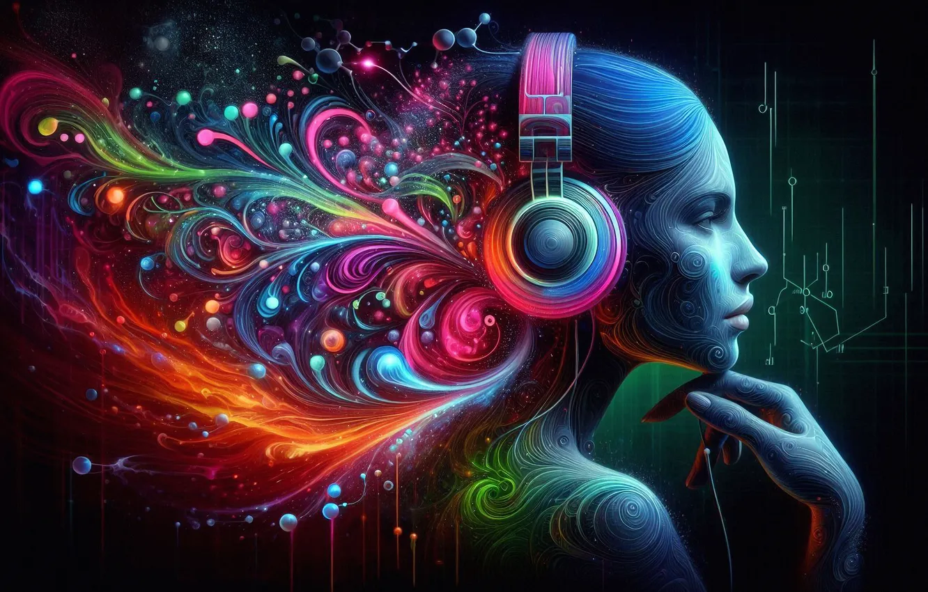 Photo wallpaper girl, pattern, headphones, profile, ornament, AI art, neural network
