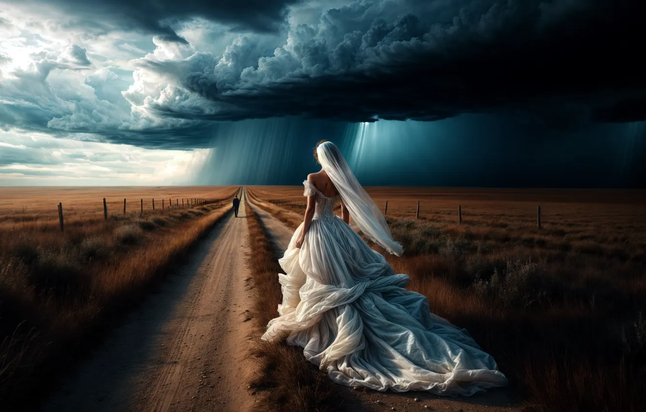 Photo wallpaper road, the storm, field, girl, clouds, rain, the bride, white dress