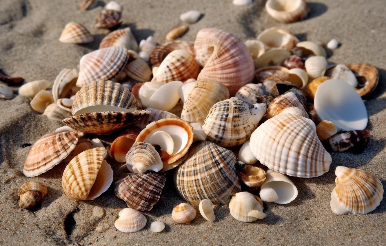 Photo wallpaper sea, beach, the ocean, shore, shell, seashells, seashell, AI art