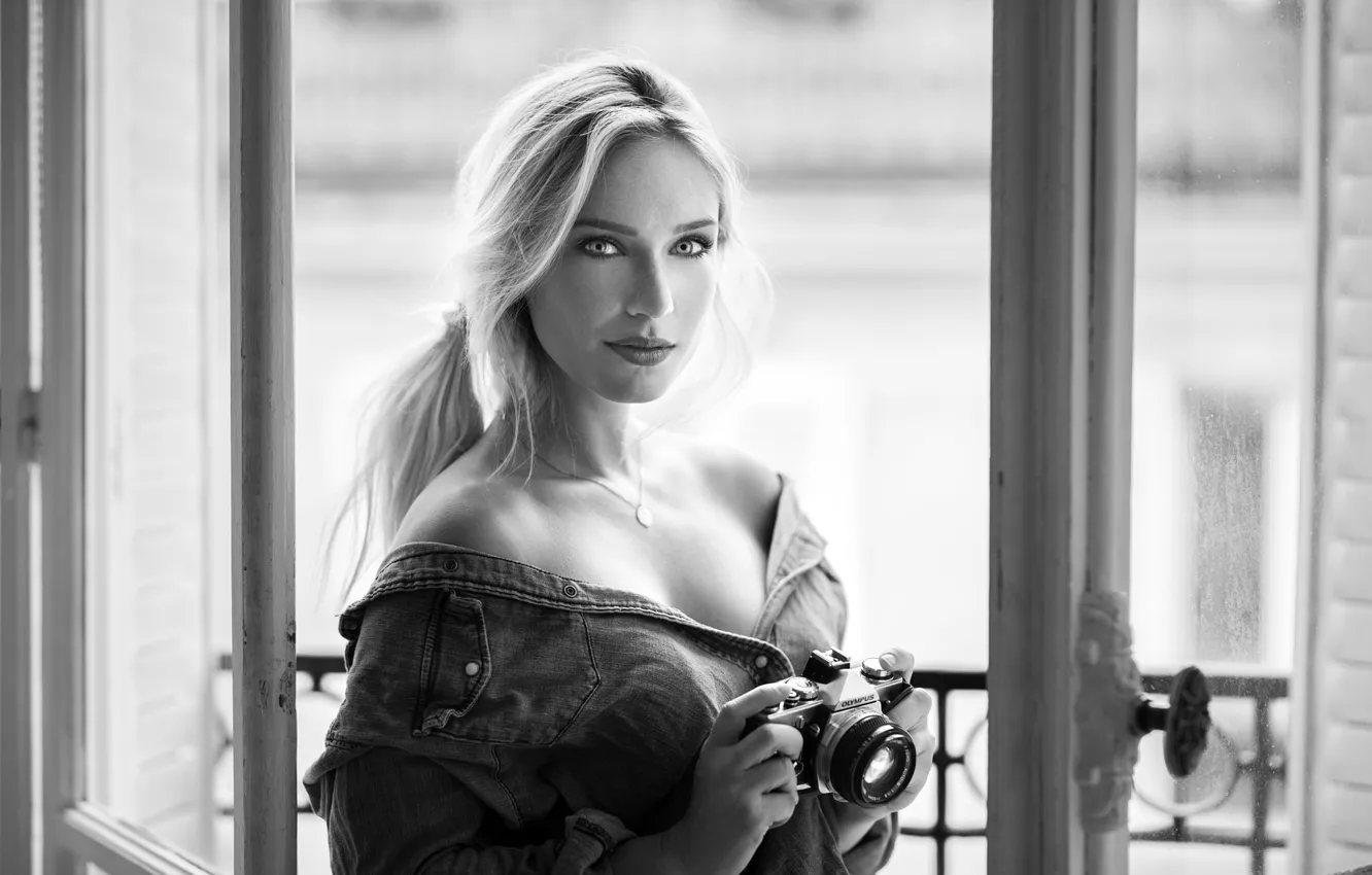 Photo wallpaper look, model, portrait, makeup, hairstyle, the camera, blonde, black and white