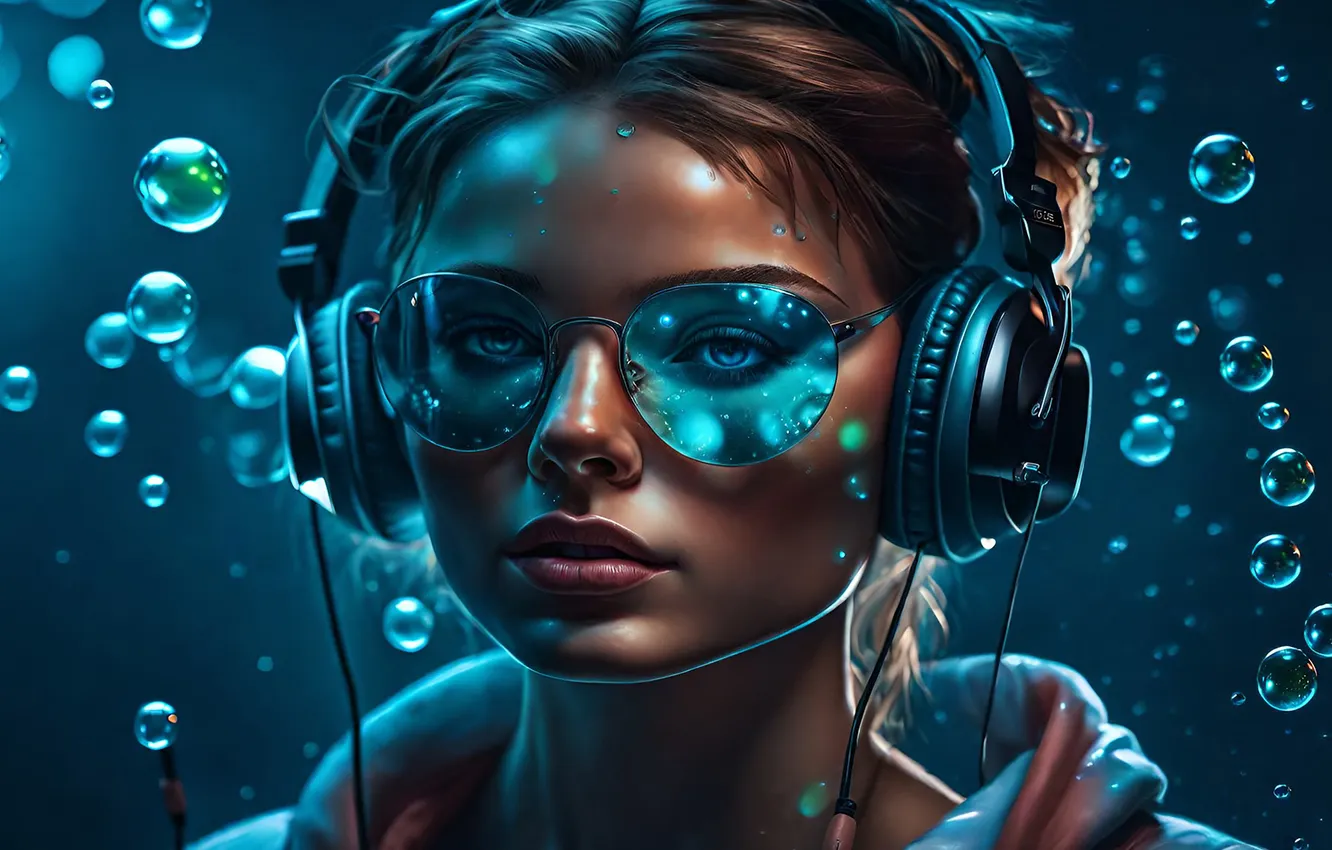 Photo wallpaper water, girl, bubbles, music, headphones, glasses