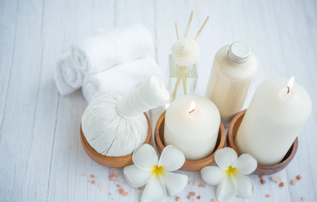 Photo wallpaper flowers, Board, bottle, towel, candles, jars, bowl, white