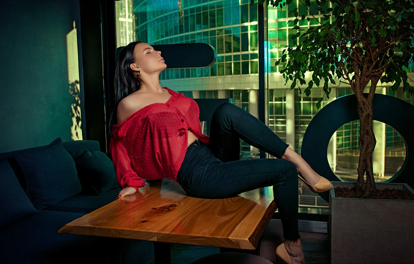 Photo wallpaper girl, pose, jeans, blouse, legs, long hair, on the table, closed eyes