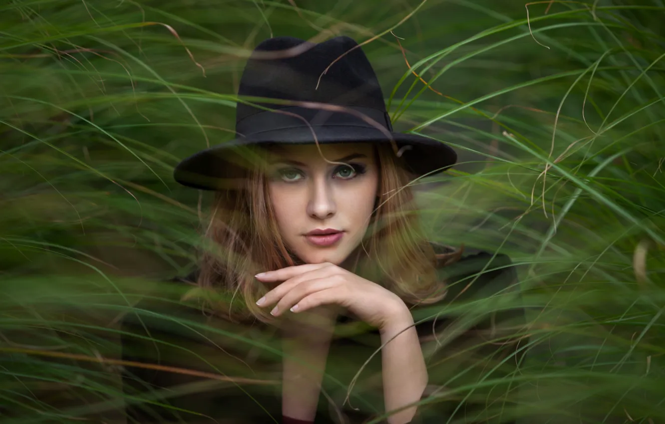 Photo wallpaper grass, look, girl, face, hand, portrait, hat, Vyacheslav Krisanov