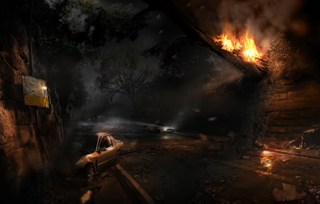 Photo wallpaper road, machine, the full moon, alone in the dark, New York