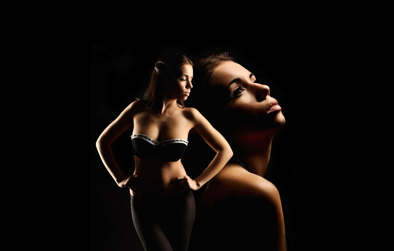 Photo wallpaper face, background, black, body, brown hair