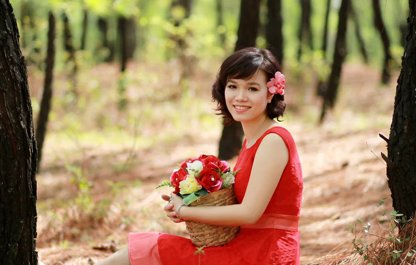 Photo wallpaper forest, girl, flowers
