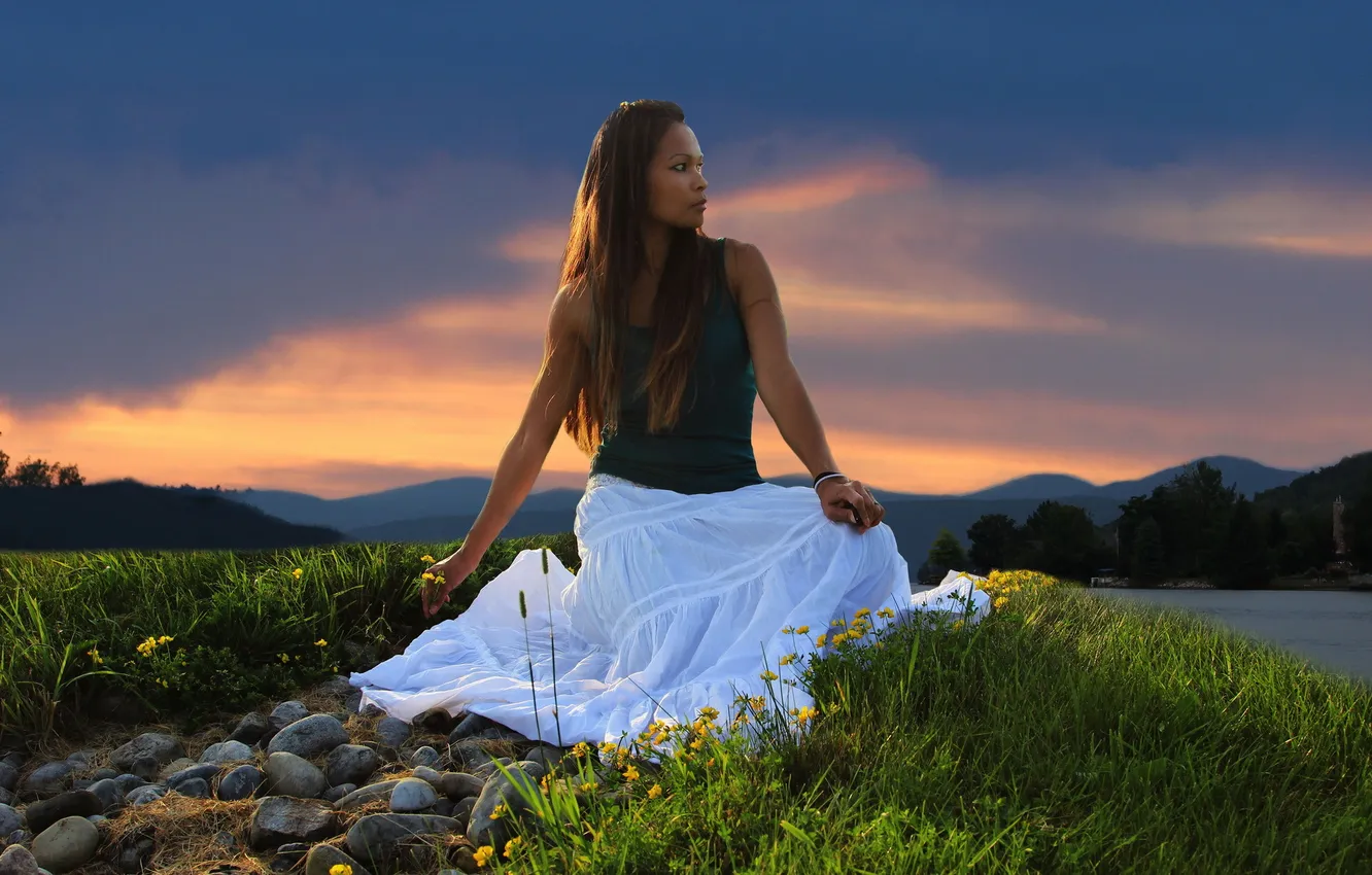 Photo wallpaper girl, sunset, lake