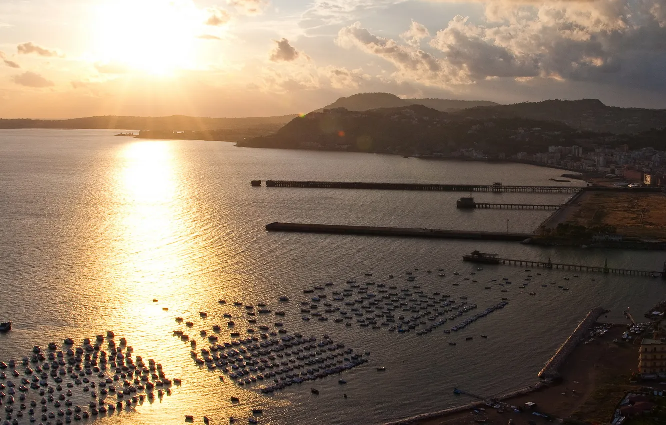 Photo wallpaper sea, beach, the sky, the sun, mountains, boat