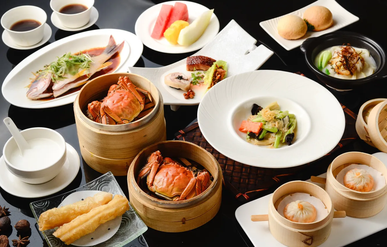 Photo wallpaper crab, fish, vegetables, dish, cuts