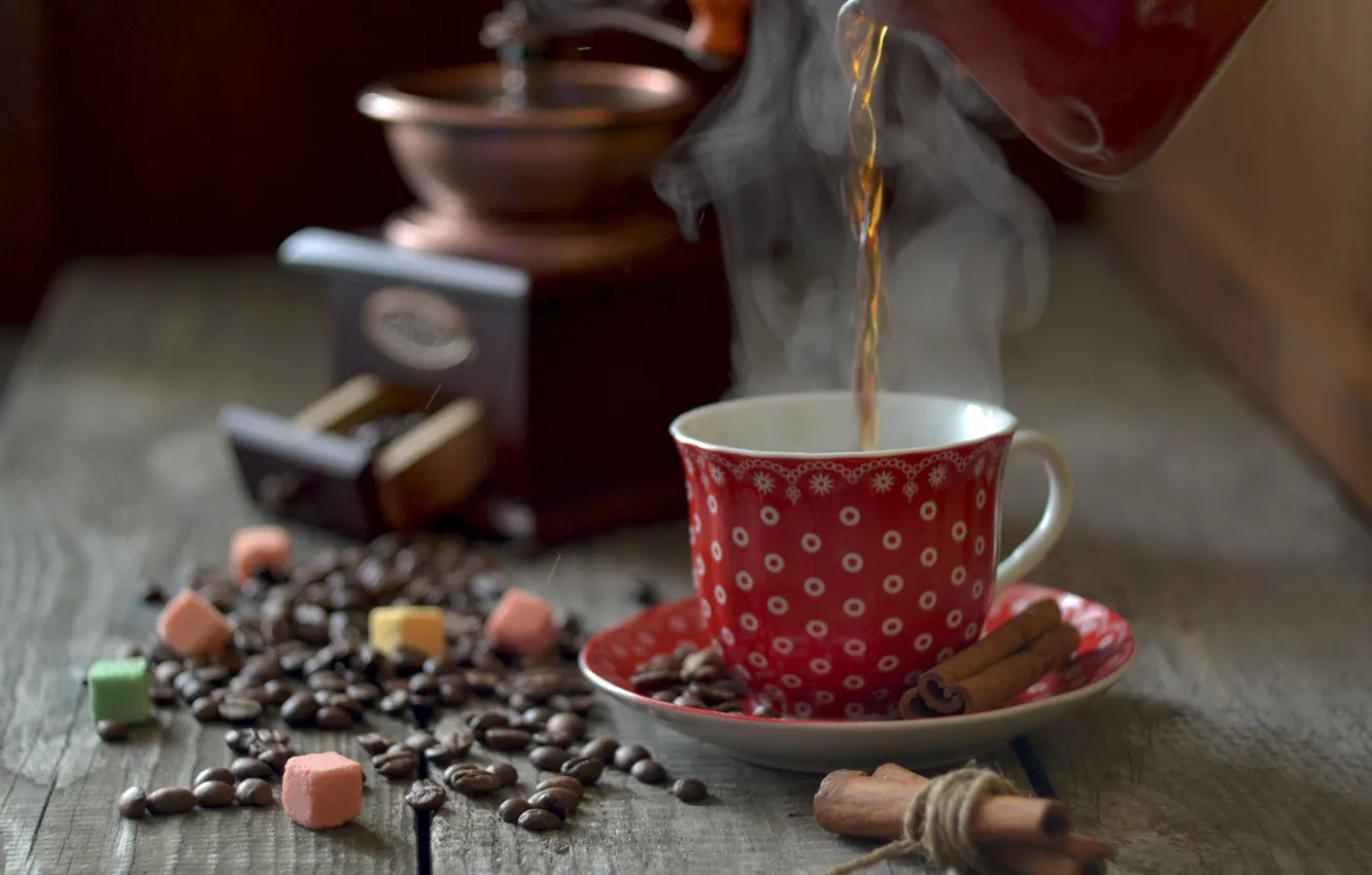 Photo wallpaper coffee, grain, Cup, cinnamon, coffee grinder