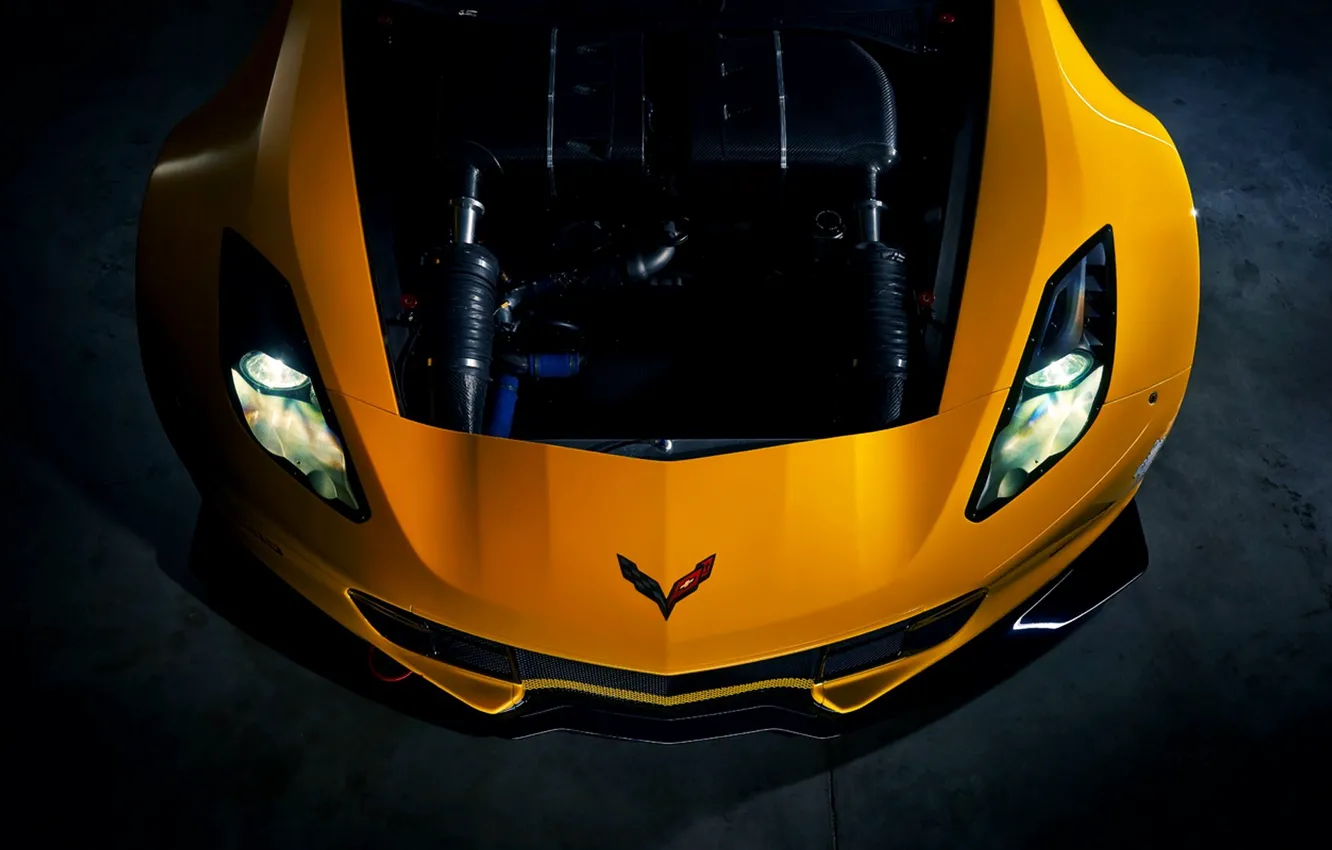Photo wallpaper Yellow, Corvette, Chevrolet, Machine, Engine, Lights, Car, Yellow