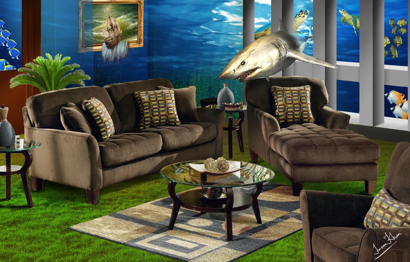 Photo wallpaper fish, furniture, interior, shark, creative art