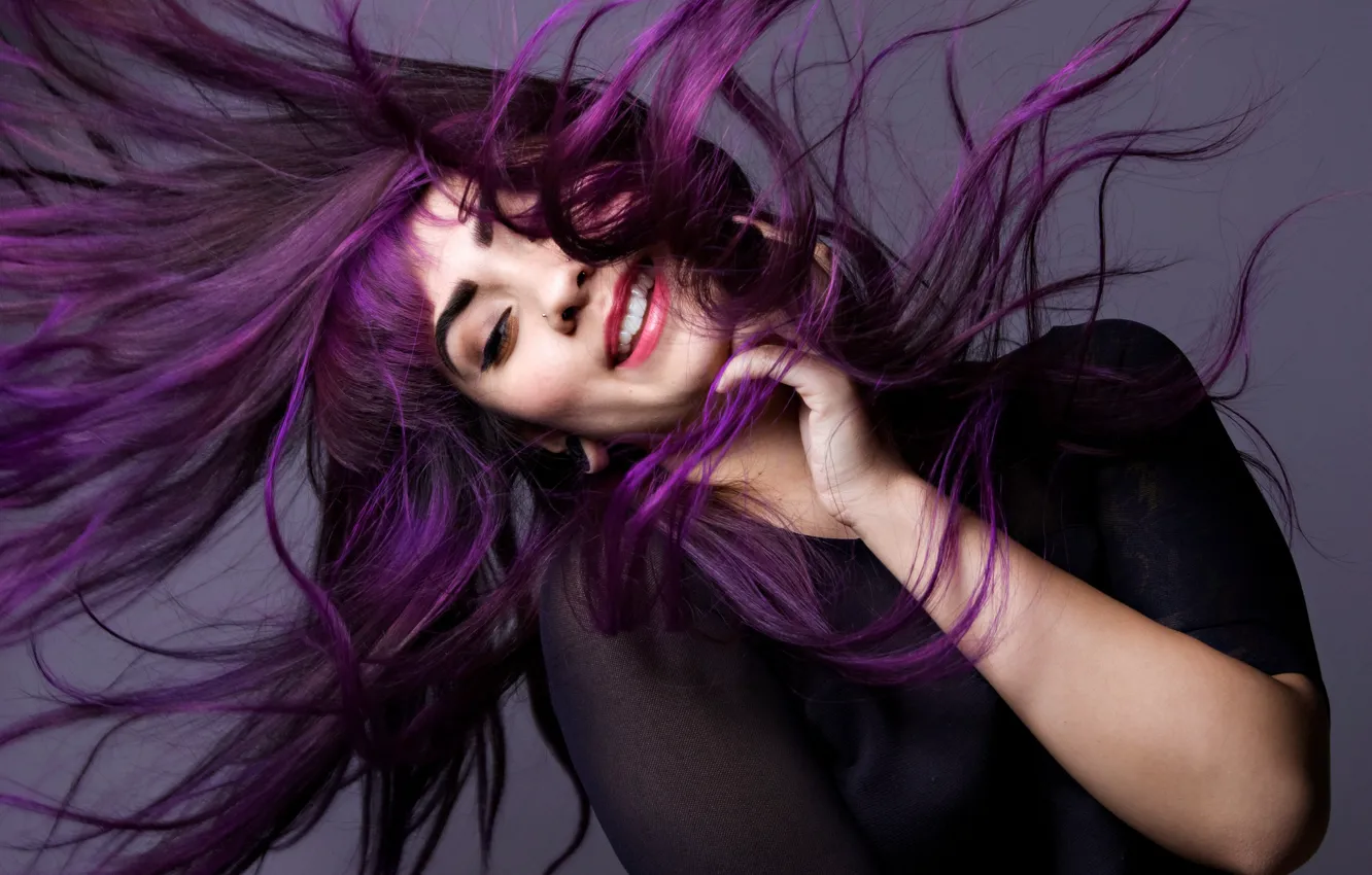 Photo wallpaper girl, smile, hair, piercing, purple, curls