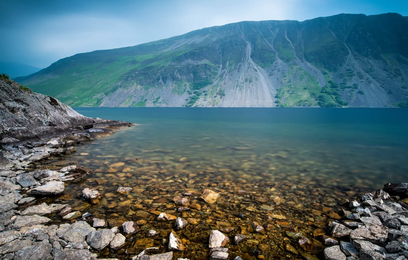 Photo wallpaper water, mountains, nature, lake, river, stones, rocks, shore